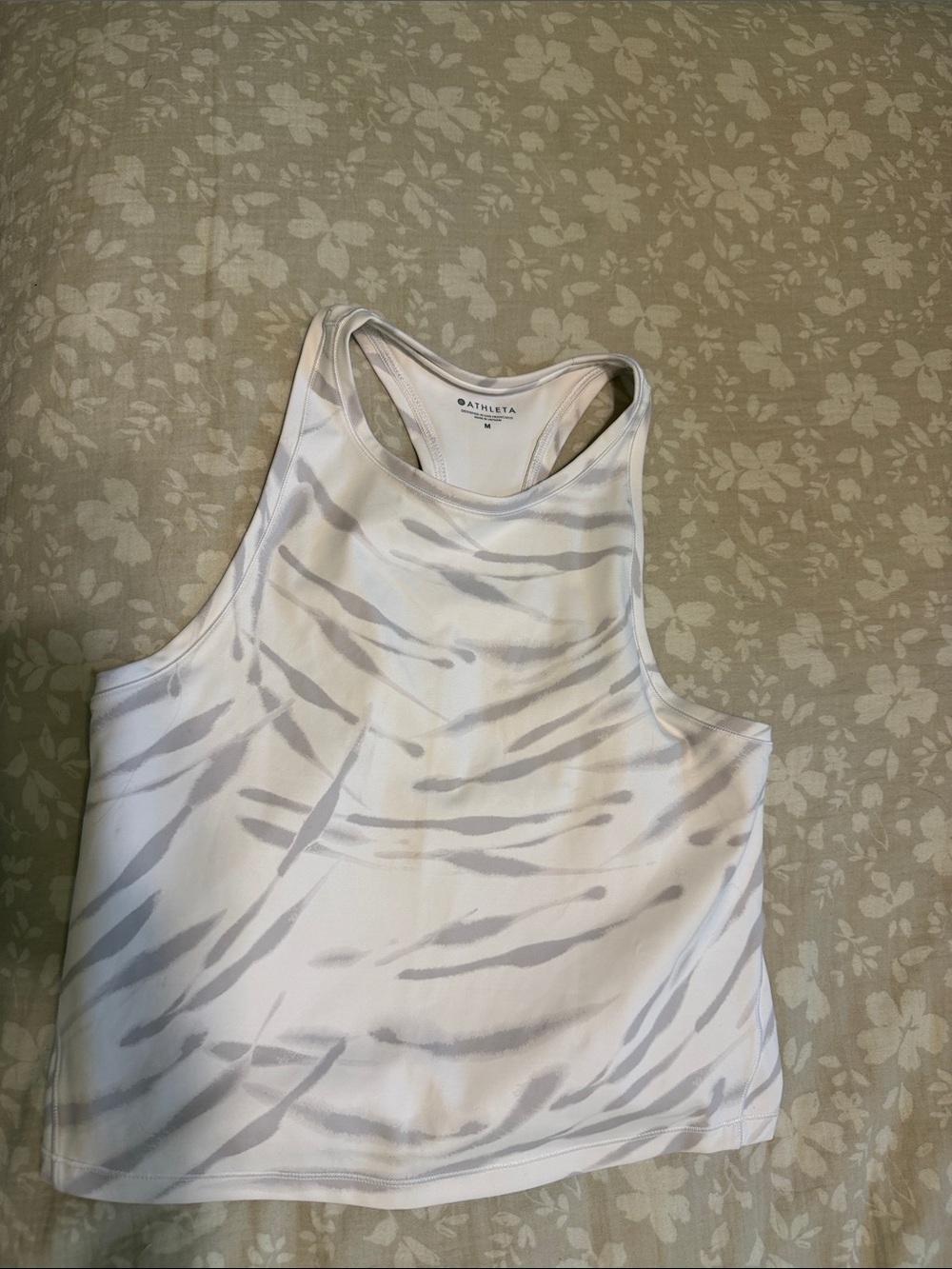 Athleta White Tank Top with Light Gray Zebra Print